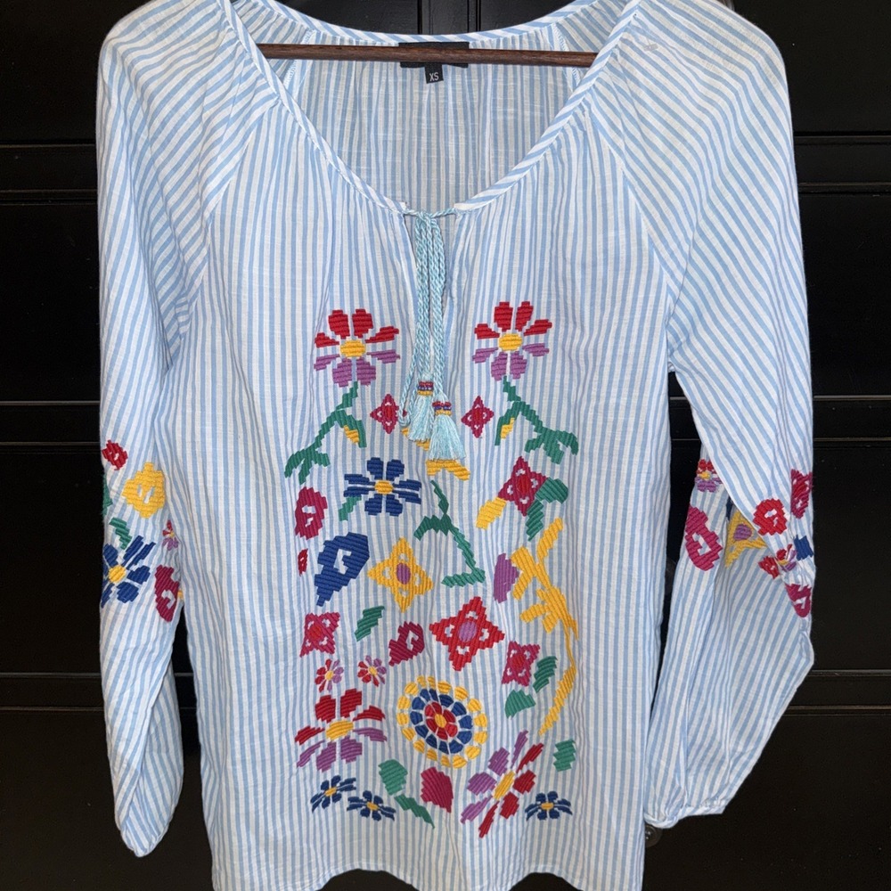 Tolani Womens Blue Striped‎ Embroidered Tunic XS Multicolor Floral Long Sleeve